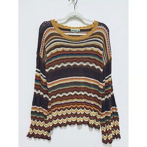 Rockin C Sweater Womens Large Crochet Striped Pointelle Bell Sleeve Western Boho